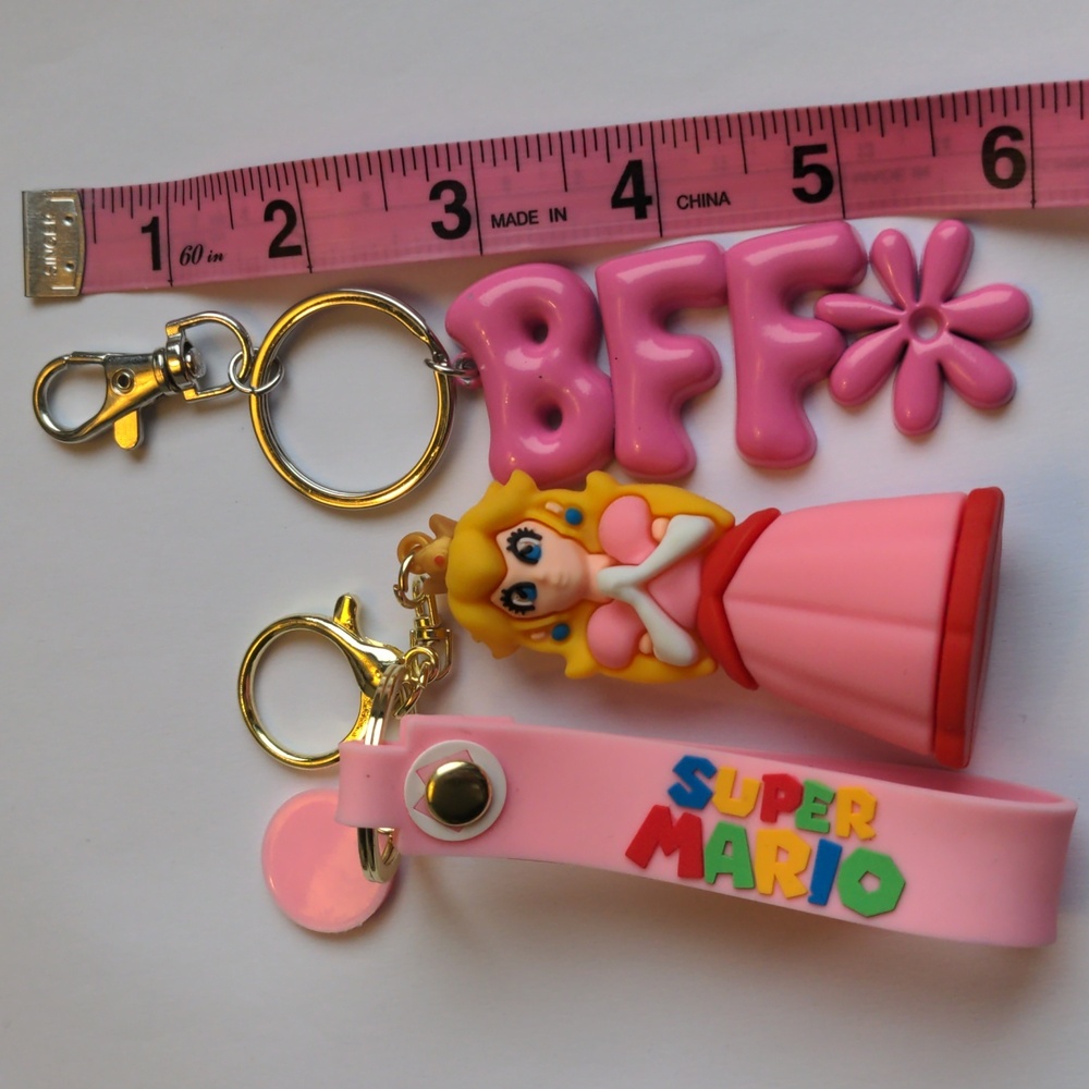 Pink Princess Peach Keychain Set  & Justice Metal keychain. Purse Fobs. New,